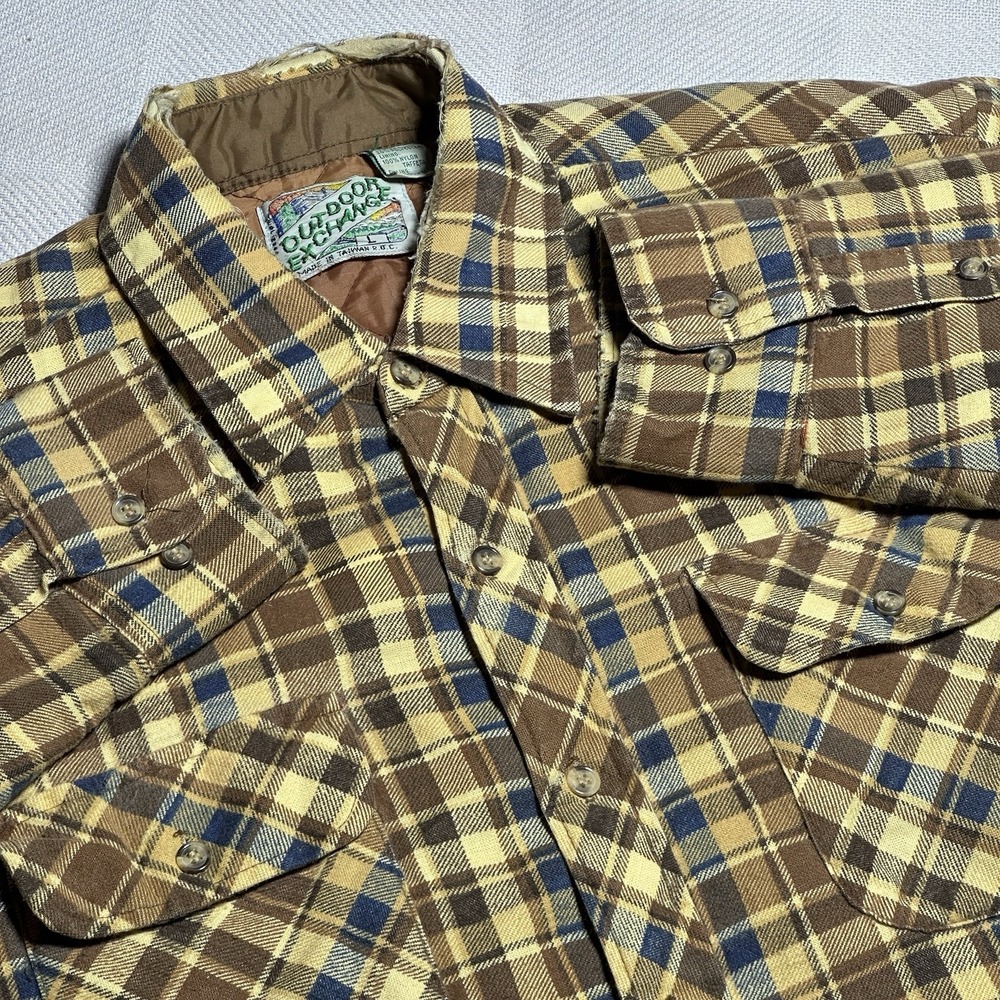 Vintage 80s Outdoor Exchange‎ Twill Flannel Shirt Mens Large Brown Plaid Quilted